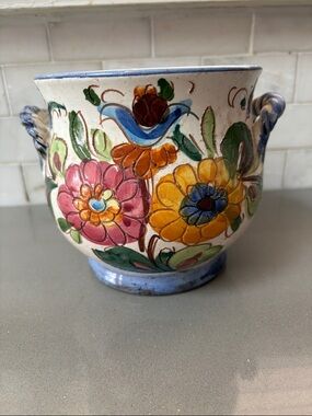 Vintage Hand-Painted Floral Ceramic Planter - Multicolor